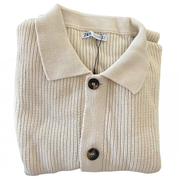 ZARA • Beige Knit Button Up Collared Cardigan Sweater - Picture 4 of 5